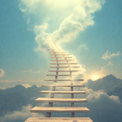 The primary subject of the image is a wooden ladder or staircase, which appears to be floating in the air. The ladder is made of wood and has a stair-like structure. The setting is a cloudy sky, which serves as the backdrop for the ladder. The visual style of the image is a combination of photo and digital art, creating a surreal and dreamlike atmosphere. The colors in the image are predominantly shades of blue and white, which contribute to the overall mood of the scene